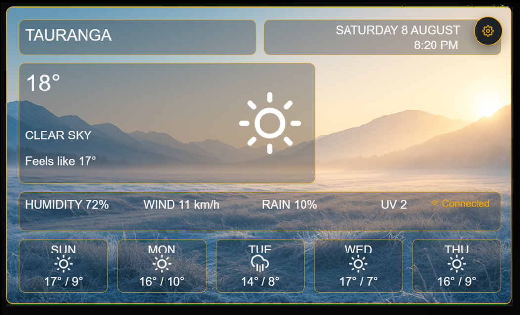 ForgeUI P4 — Live Weather ForgeUI interface running at 1024 by 600